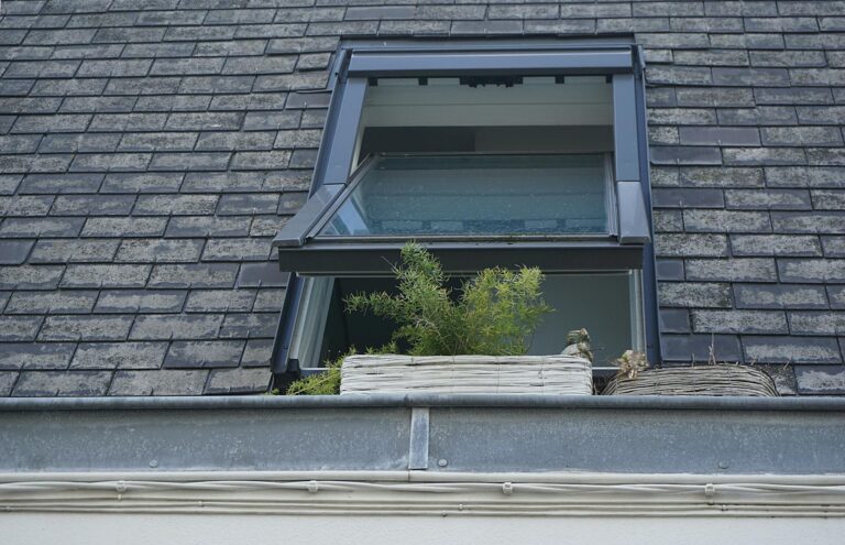 A close-up view of a skylight window with plants on a tiled roof, showcasing modern architecture and greenery.